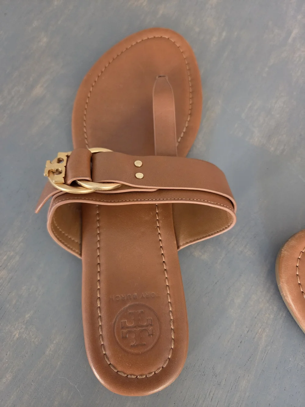 Tory Burch Brown Leather Thong Sandals with Gold Buckle
